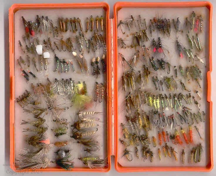 MYRAN CLEAR PLASTIC FLY LURE BOX WITH 26 ASSORTED LURES #4